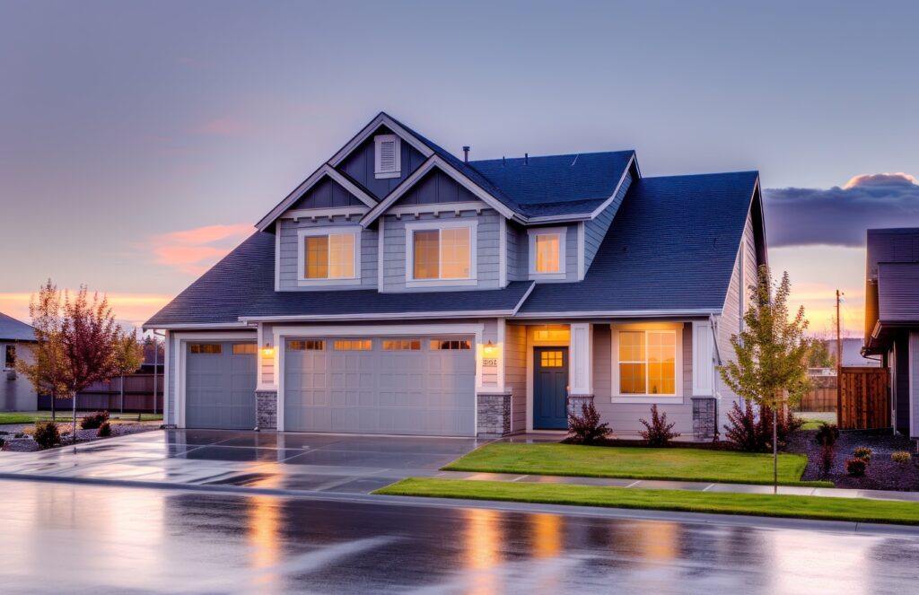 A modern suburban house with two stories and lit windows, under a twilight sky. The exterior is gray with white trim, and a manicured lawn surrounds it.