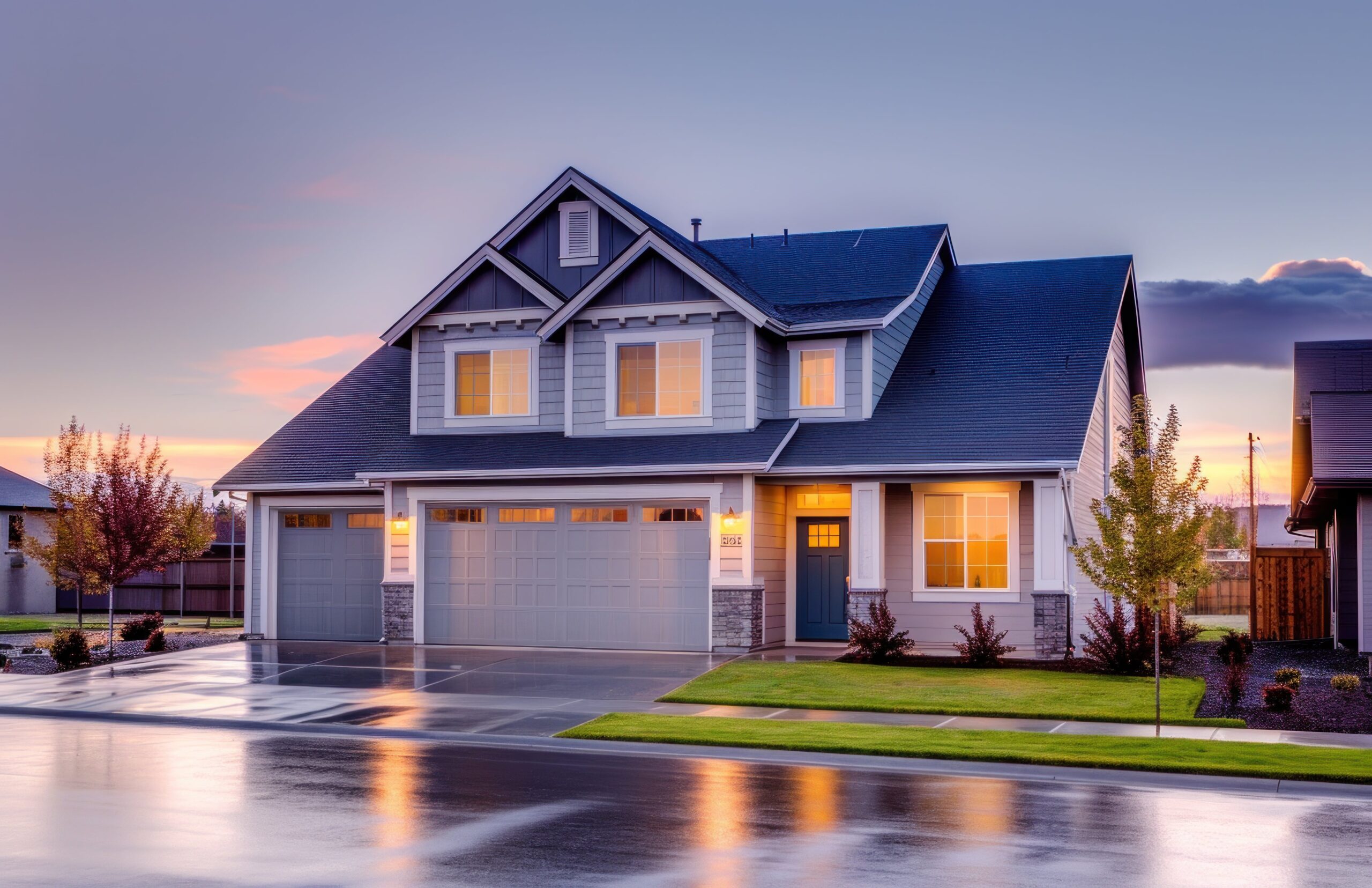 A modern suburban house with two stories and lit windows, under a twilight sky. The exterior is gray with white trim, and a manicured lawn surrounds it.